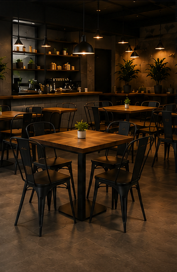 Cafetería equipada con mobiliario de madera y metal Maderóh